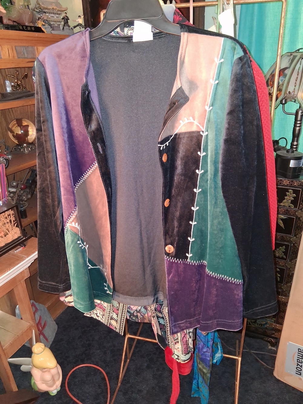 Velvet Patchwork Button-Front Jacket in Black, Green & Purple